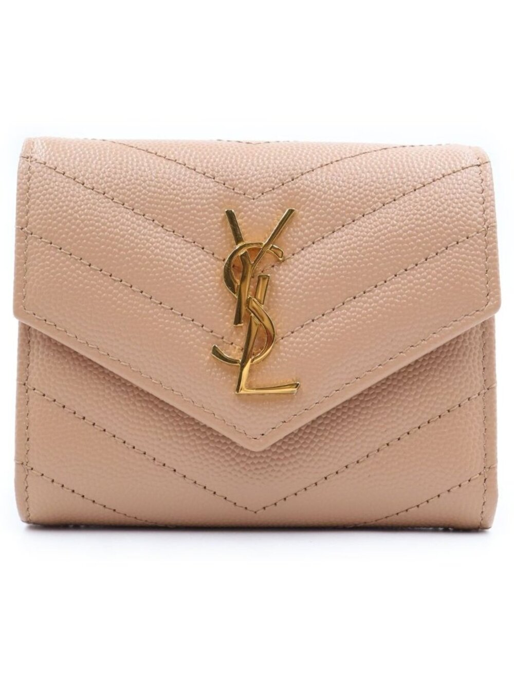 Saint Laurent Paris Cassandra Trifold Wallet Compact Coin Purse Beige Leather